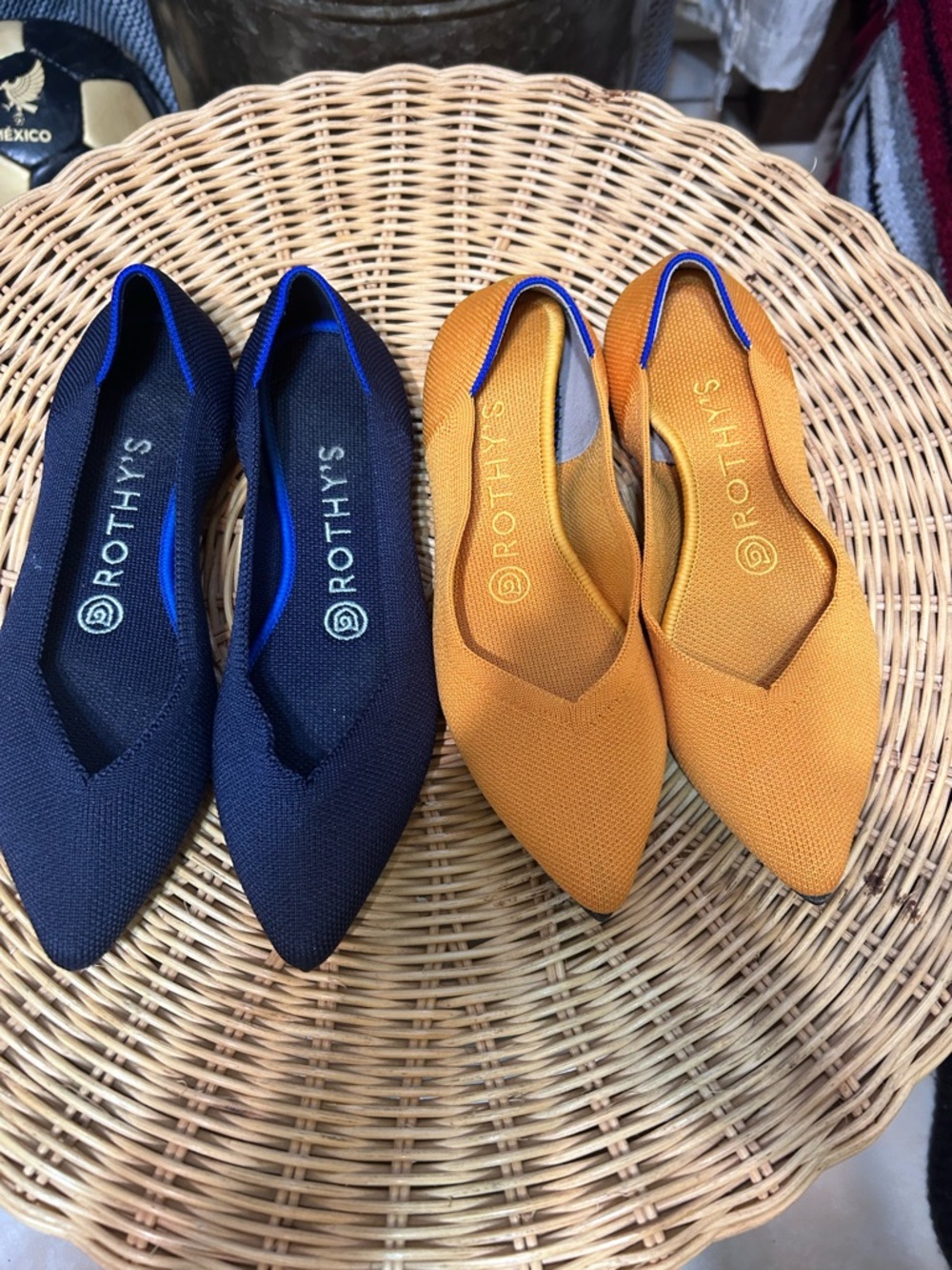 Rothy's Pointed Knit Flats in Navy Blue and Mustard